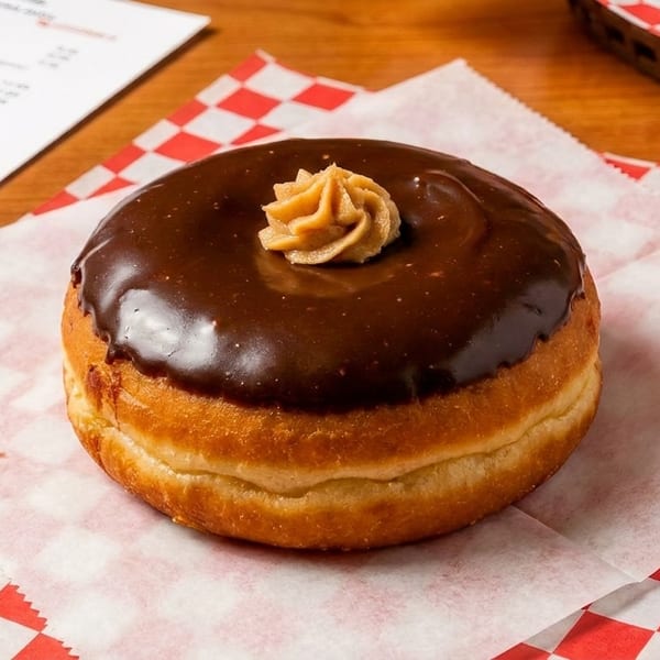 A chocolate-frosted donut with a peanut butter swirl on top, resting on red and white checkered paper.