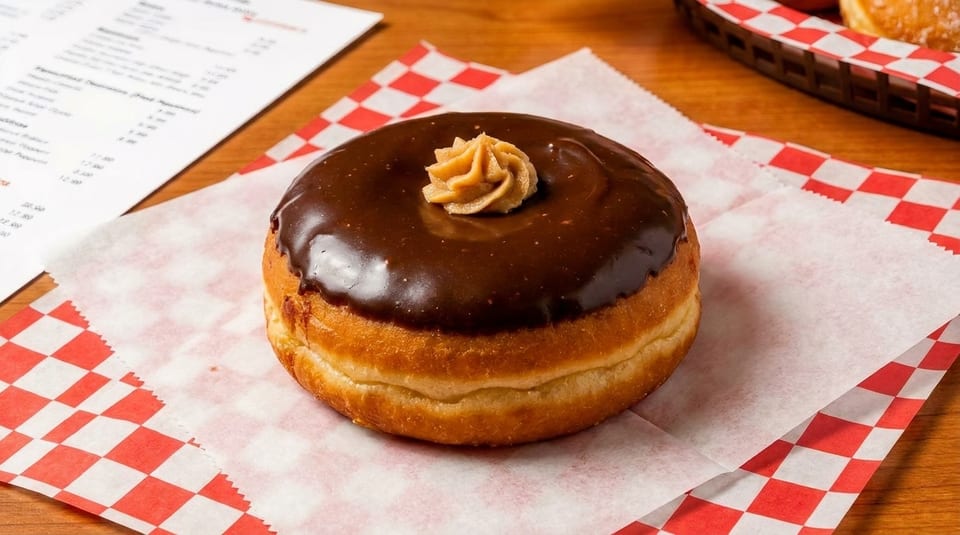 A chocolate-frosted donut with a peanut butter swirl on top, resting on red and white checkered paper.