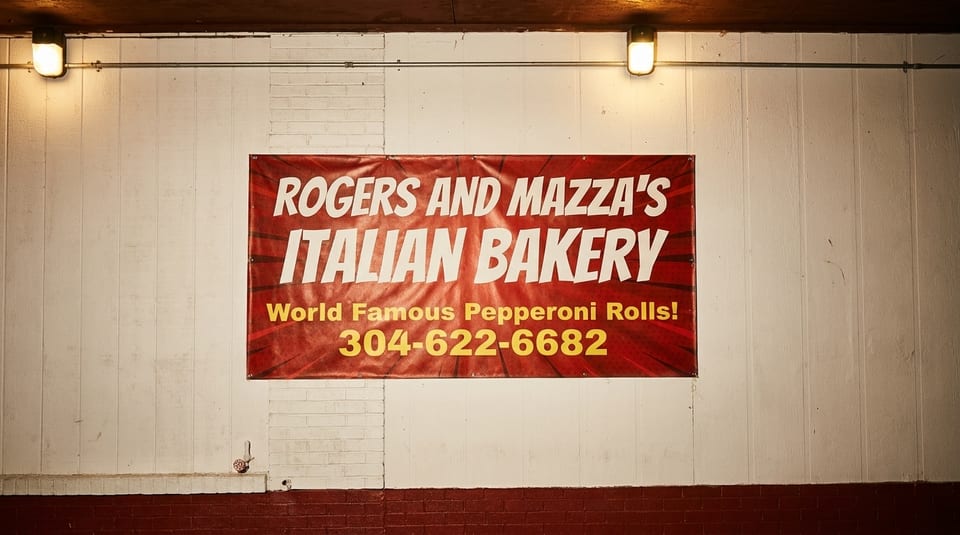 A red banner for Rogers and Mazza's Italian Bakery, advertising "World Famous Pepperoni Rolls!"