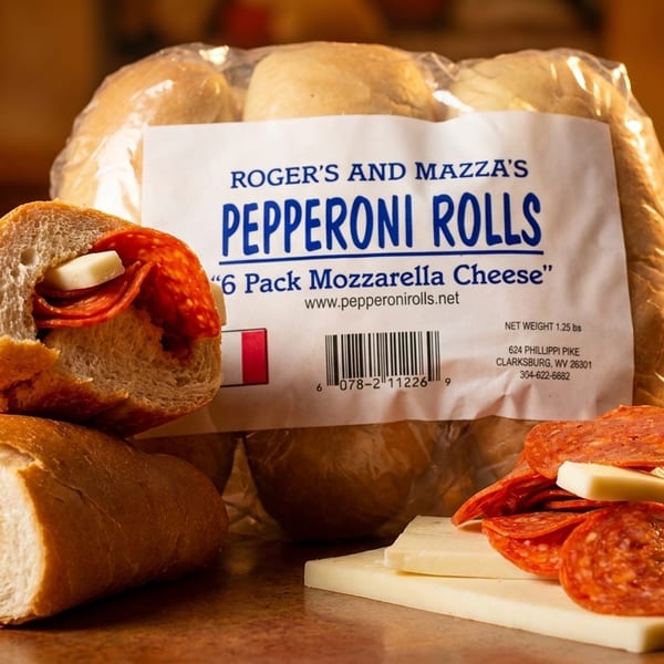 Roger's and Mazza's Pepperoni Rolls packaging with two cut rolls and loose pepperoni and cheese.