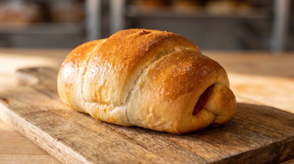 Golden-brown pepperoni roll on a rustic wooden cutting board, with a blurred background.
