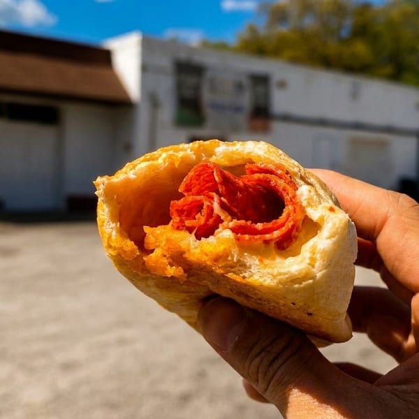 Hand holding a pepperoni roll with a building and blue sky in the background.